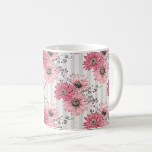  roze madeliefjes gestreept bloemmotief koffiemok (Voorkant rechts)