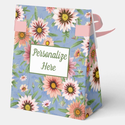  roze madeliefjes op blauw bloemmotief bedankdoosjes (Achterkant)