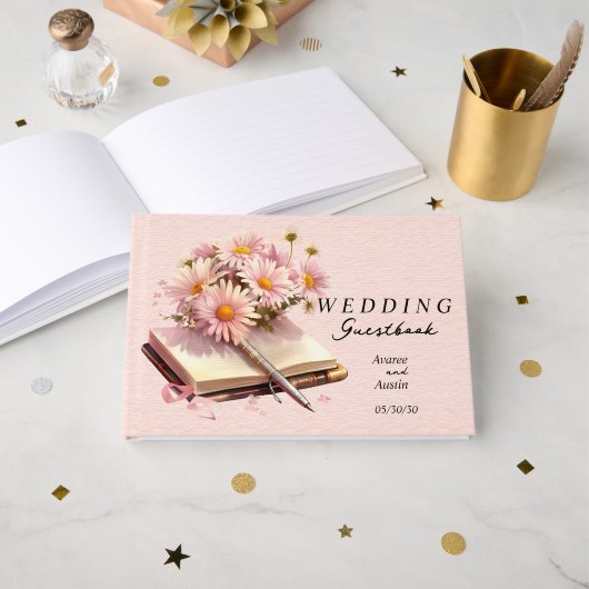 Roze madeliefjes op open boek bruiloft (Voorkant open)