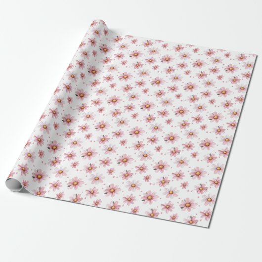 Roze madeliefjes & stippen op wit cadeaupapier (Uitgerold)