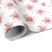 Roze madeliefjes & stippen op wit cadeaupapier (Rol Hoek)