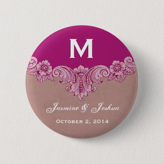 Roze magenta aangepast monogram bruiloft ronde button 5,7 cm (Voorkant)