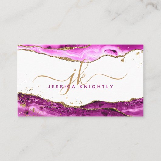 Roze Magenta Agate Gold Glitter Monogram Script Visitekaartje (Voorkant)