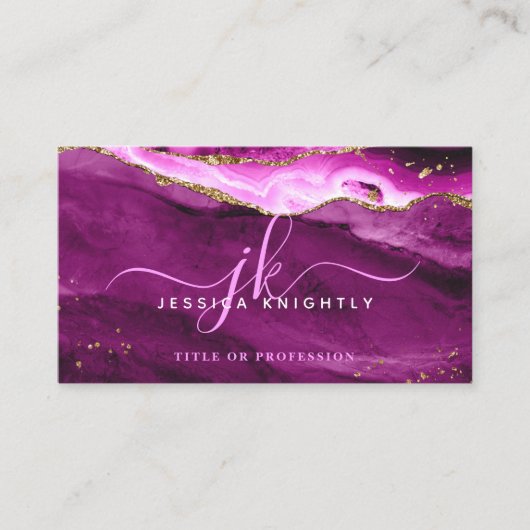Roze magenta Agate Gold Glitter Script Monogram Visitekaartje (Voorkant)