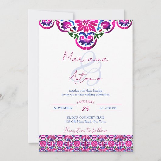 Roze magenta blauw Majolica Spaans tegels bruiloft Kaart (Voorkant)