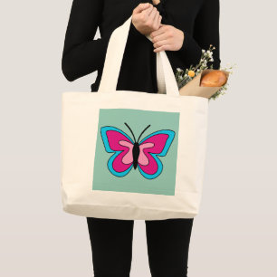 Roze magenta blauwe vlinder grote tote bag