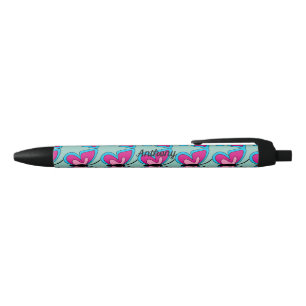 Roze magenta blauwe vlinder Naam toevoegen Zwarte Inkt Pen