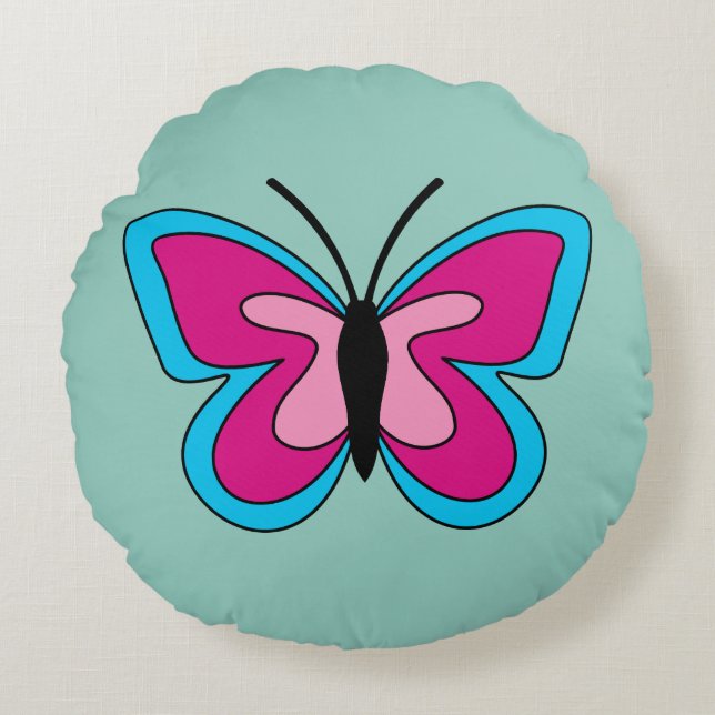 Roze magenta blauwe vlinder rond kussen (Voorkant)