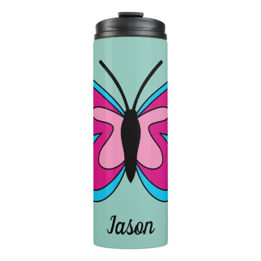 Roze magenta blauwe vlinder | Tekst toevoegen Thermosbeker (Voorkant)
