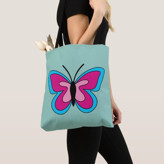 Roze magenta blauwe vlinder tote bag (Dichtbij)