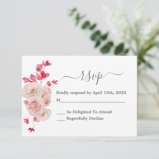 Roze magenta bloem bruiloft RSVP kaart (Staand voorkant)