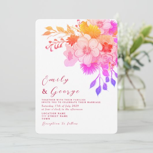 Roze Magenta Bloemen Huwelijksuitnodiging Kaart (Staand voorkant)