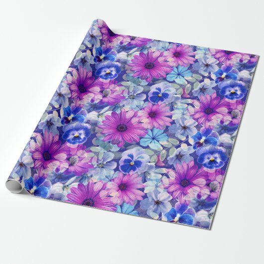 Roze Magenta Blue Floral Pattern Cadeaupapier (Uitgerold)
