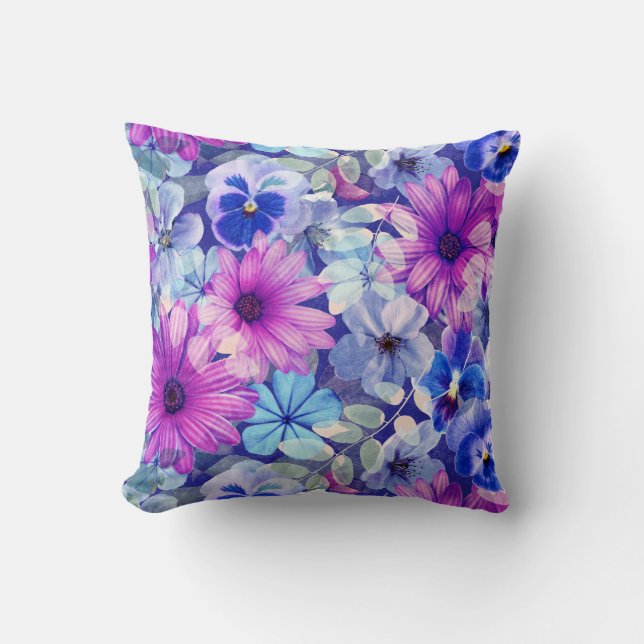 Roze Magenta Blue Floral Pattern Kussen (Voorkant)