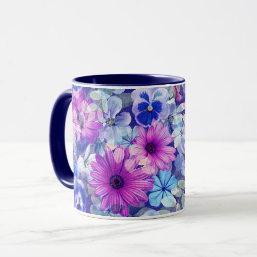 Roze Magenta Blue Floral Pattern Mok (Voorkant links)