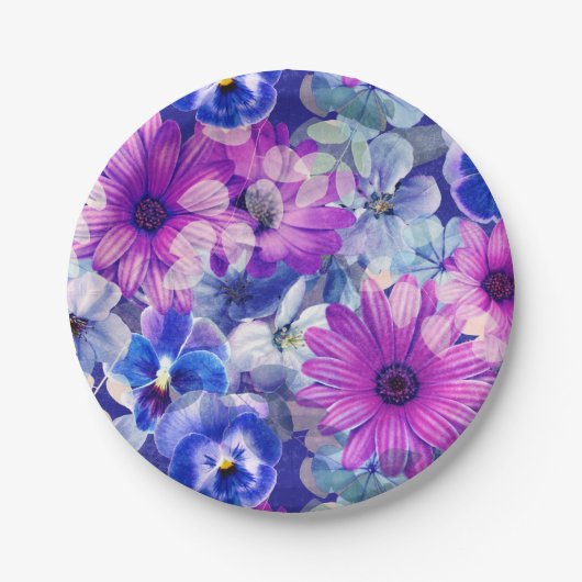 Roze Magenta Blue Floral Pattern Papieren Bordje (Voorkant)
