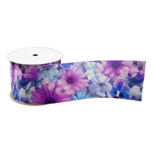 Roze Magenta Blue Floral Pattern Satijnen Lint
