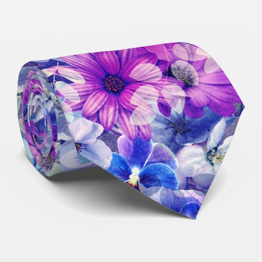 Roze Magenta Blue Floral Pattern Stropdas (Opgerold)