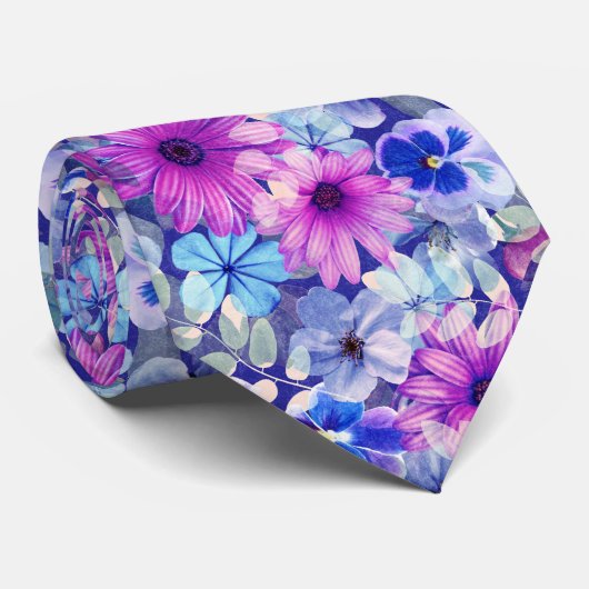 Roze Magenta Blue Floral Pattern Stropdas (Opgerold)