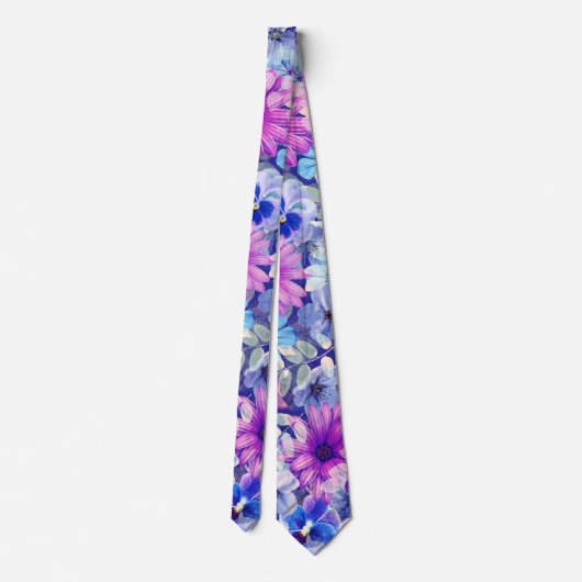 Roze Magenta Blue Floral Pattern Stropdas (Achterkant)