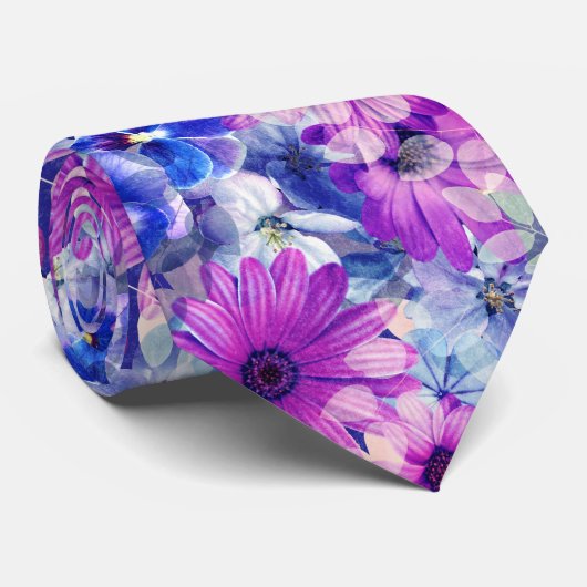 Roze Magenta Blue Floral Pattern Stropdas (Opgerold)