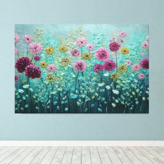 Roze, Magenta en Gele Bloesems met Teal Blad Canvas Afdruk