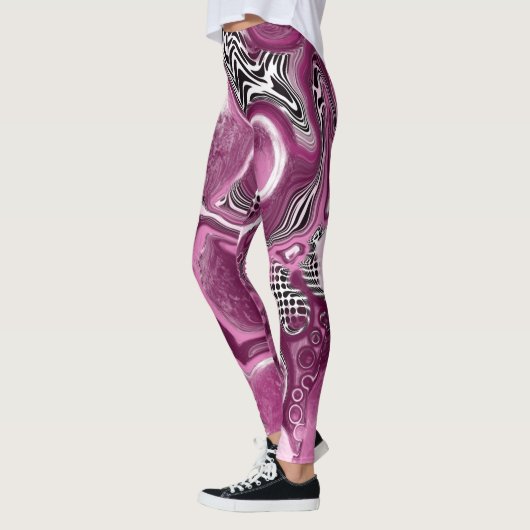 Roze, magenta en zwart-witvormig kunstkleurmateria leggings (Links)