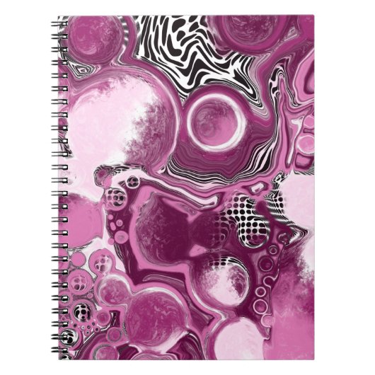Roze, magenta en zwart-witvormig kunstkleurmateria notitieboek (Voorkant)