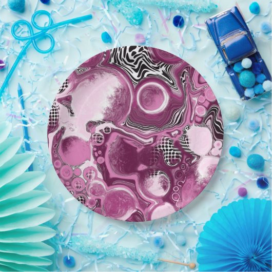 Roze, magenta en zwart-witvormig kunstkleurmateria papieren bordje (Feest)
