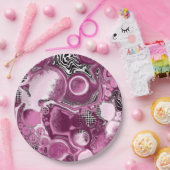 Roze, magenta en zwart-witvormig kunstkleurmateria papieren bordje (Feest)