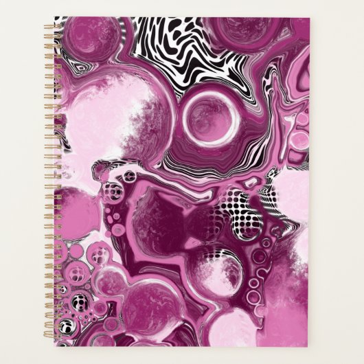 Roze, magenta en zwart-witvormig kunstkleurmateria planner (Voorkant)