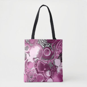 Roze, magenta en zwart-witvormig kunstkleurmateria tote bag