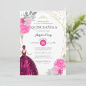 Roze magenta Floral Geometric Foto Quinceañera Kaart (Staand voorkant)