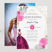 Roze magenta Floral Geometric Foto Quinceañera Kaart (Voorkant / Achterkant)