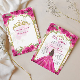 Roze Magenta Floral Prinses Gouden Boog Quinceaner Kaart