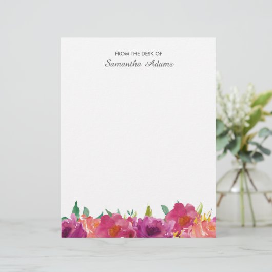 Roze Magenta Flowers Waterverf Notes Briefhoofd (Staand voorkant)