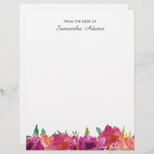 Roze Magenta Flowers Waterverf Notes Briefhoofd (Voorkant / Achterkant)