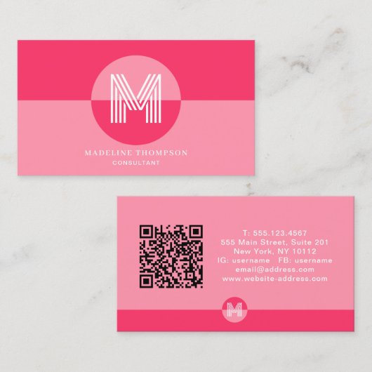 Roze Magenta Geometrisch Modern Monogram QR Code Visitekaartje (Voorkant / Achterkant)