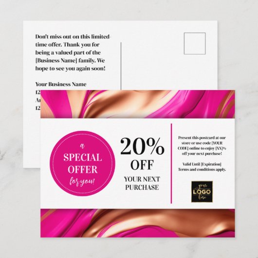 Roze Magenta Gold Swirls Coupon Korting Briefkaart (Voorkant / Achterkant)