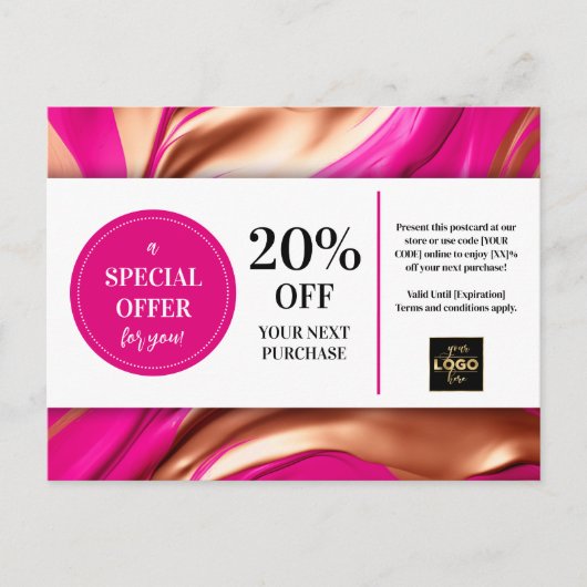 Roze Magenta Gold Swirls Coupon Korting Briefkaart (Voorkant)