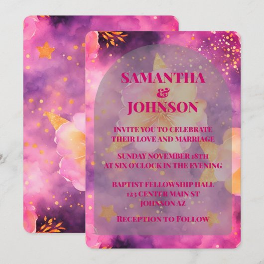 Roze Magenta Goud Romantische Bloemen Huwelijk Kaart (Voorkant / Achterkant)