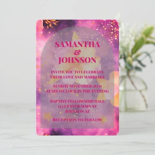 Roze Magenta Goud Romantische Bloemen Huwelijk Kaart (Staand voorkant)