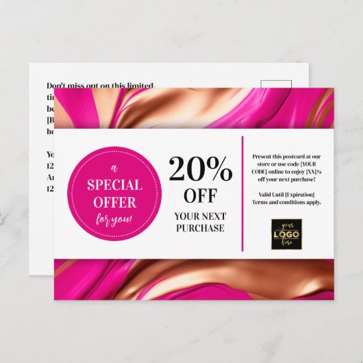 Roze Magenta Gouden Krullen Coupon Korting Postkaa Briefkaart (Voorkant / Achterkant)