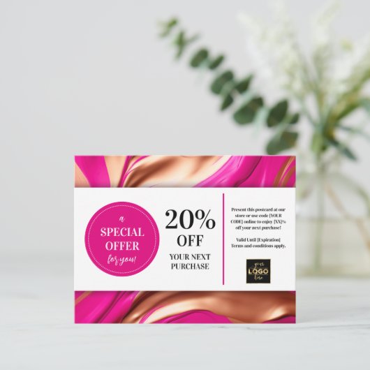 Roze Magenta Gouden Krullen Coupon Korting Postkaa Briefkaart (Staand voorkant)