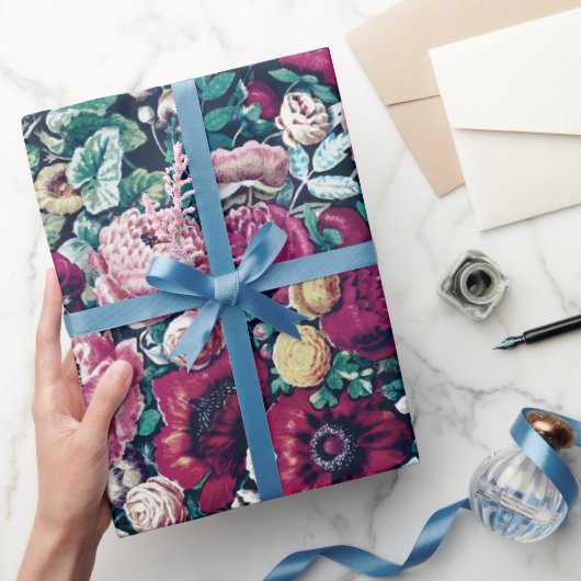 Roze magenta Green Blue Blauwgroen Peony & Roos Fl Cadeaupapier (Geschenken)
