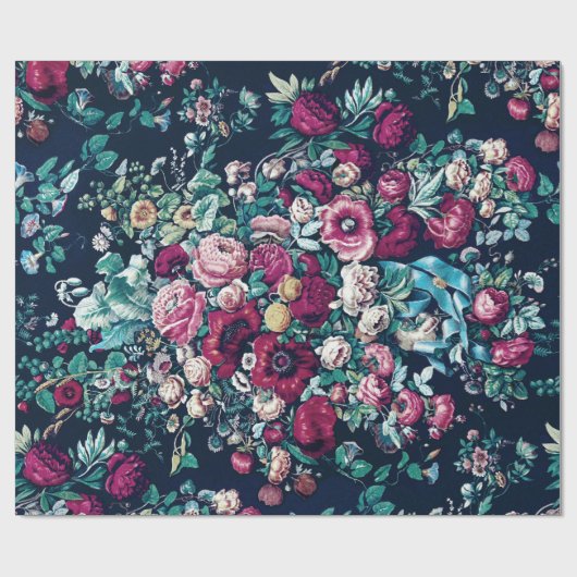 Roze magenta Green Blue Blauwgroen Peony & Roos Fl Cadeaupapier (Vlak)