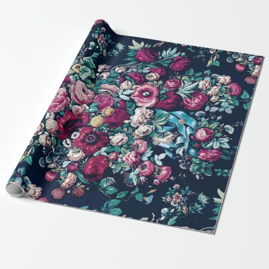 Roze magenta Green Blue Blauwgroen Peony & Roos Fl Cadeaupapier (Uitgerold)