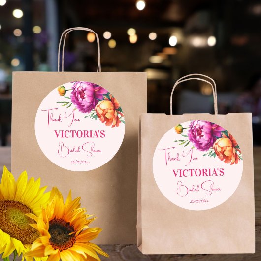 Roze magenta perzik bloem bruiloft feest favor ronde sticker