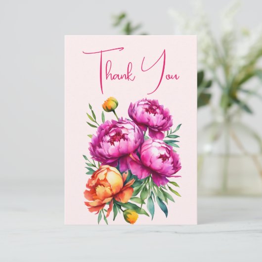 Roze magenta perzik pioenen elegant vrijgezellenfe bedankkaart (Staand voorkant)