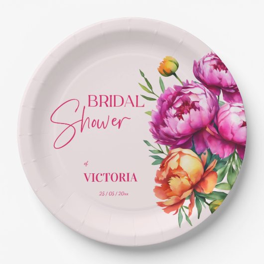 Roze magenta perzik pioenen elegant vrijgezellenfe papieren bordje (Voorkant)